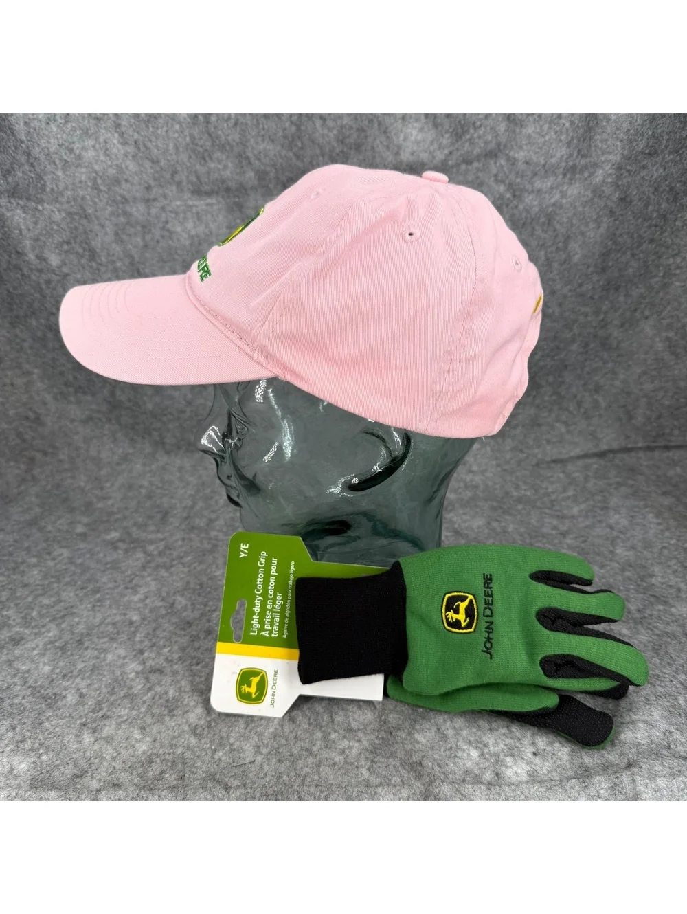Bundle Girl’s John Deere Adjustable Size Hat Cap & Work Gloves Pink Green 071